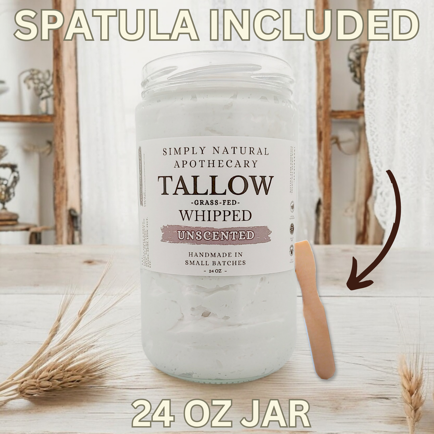 Tallow Balm, Whipped Grass-Fed Beef Tallow Moisturizer, Organic Hand Cream, Unscented - 24 oz