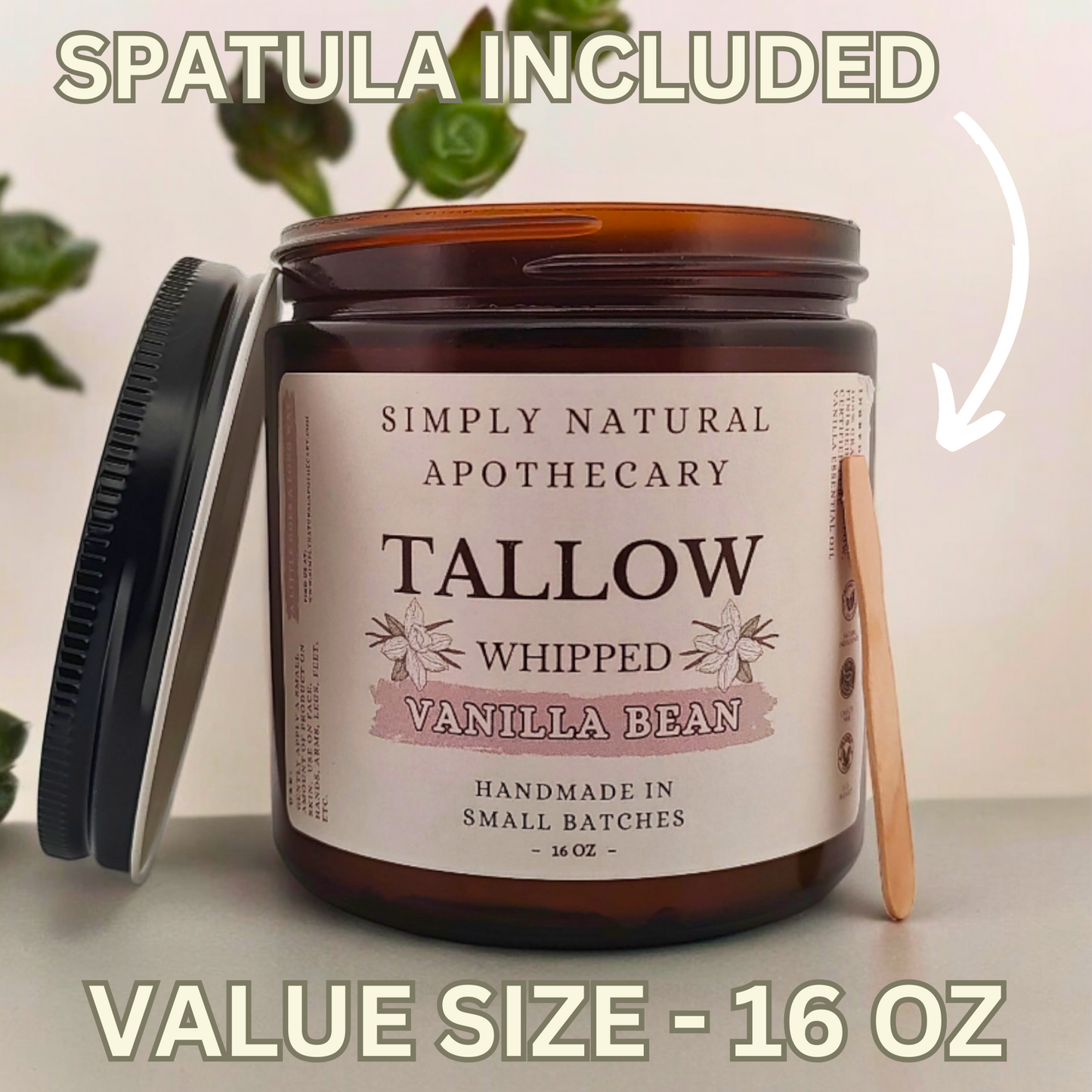 Tallow Balm, Whipped Grass-Fed Beef Tallow Moisturizer, Organic Hand Cream, Vanilla - 16 oz