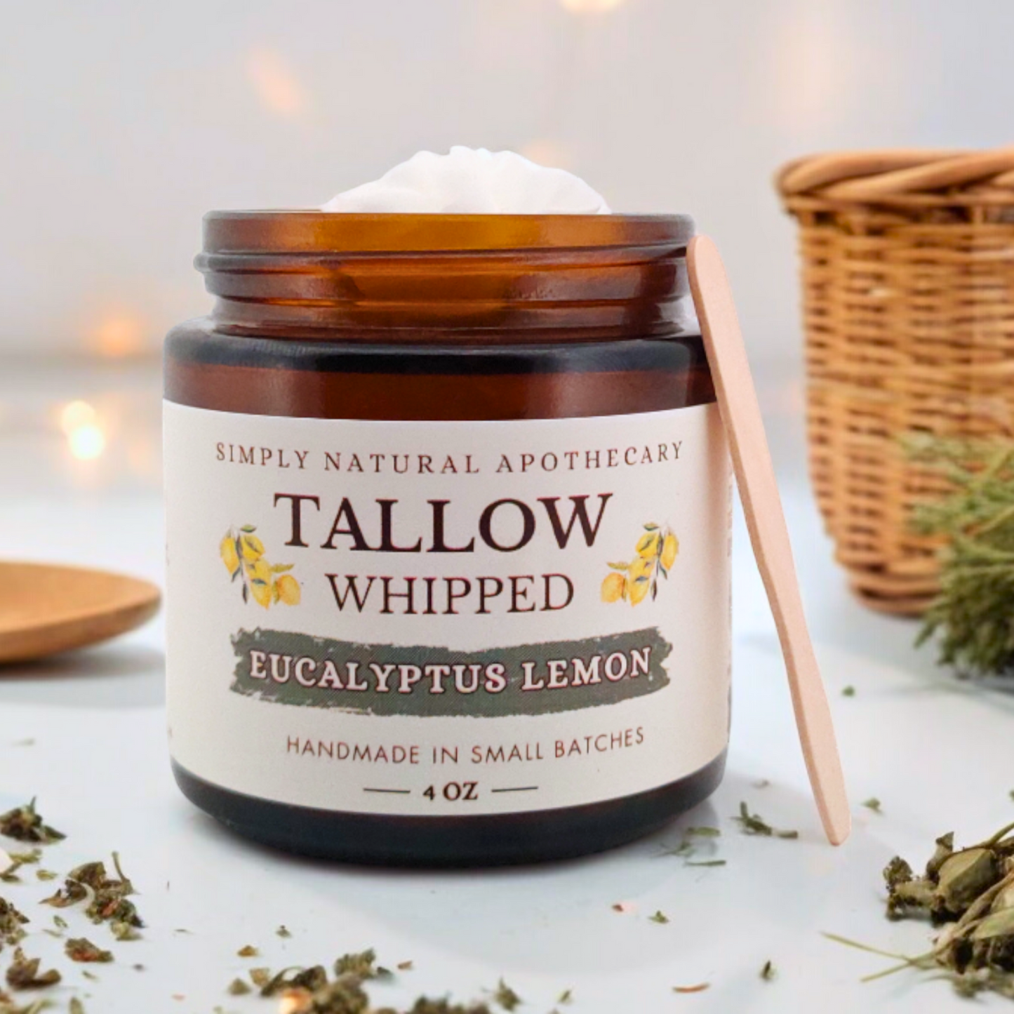 Tallow Balm, Whipped Grass-Fed Beef Tallow Moisturizer, Organic Hand Cream, Eucalyptus Lemon - 4 oz